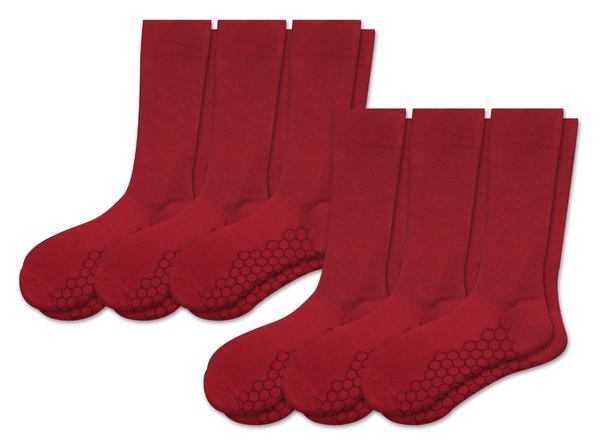 Combed Cotton Padded Crew Socks - Red - 6 Pack